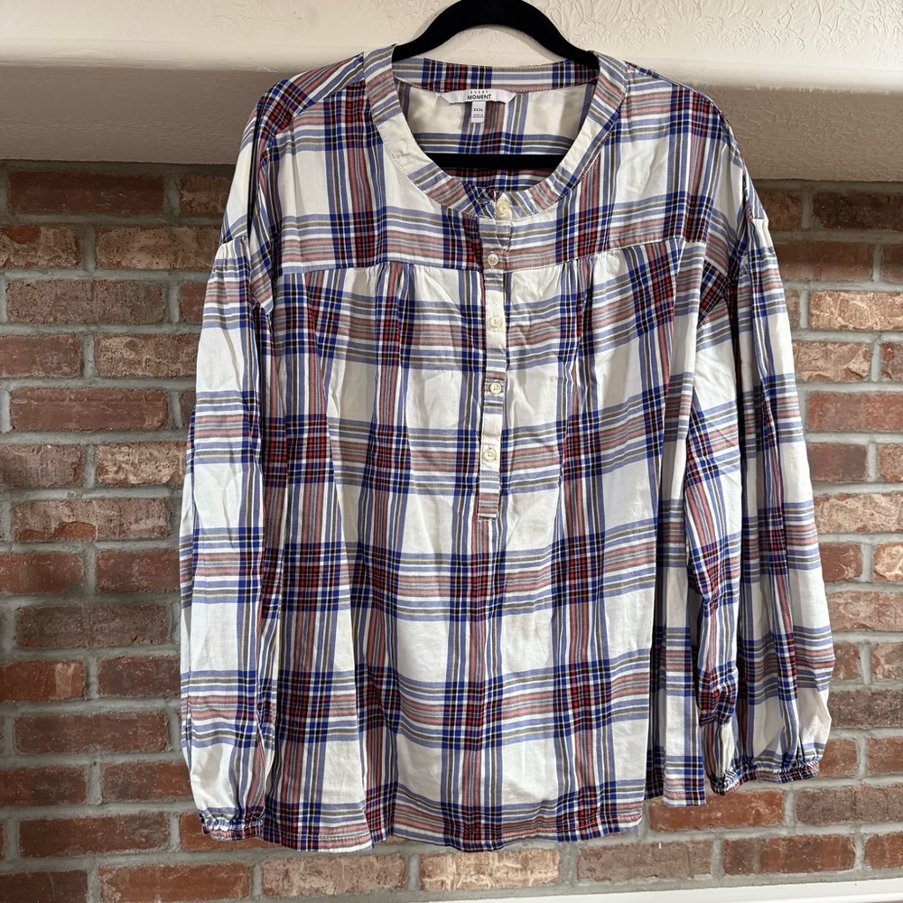 Every Moment Red Blue White Plaid Long Sleeve Popover Blouse Top - Picture 3 of 5